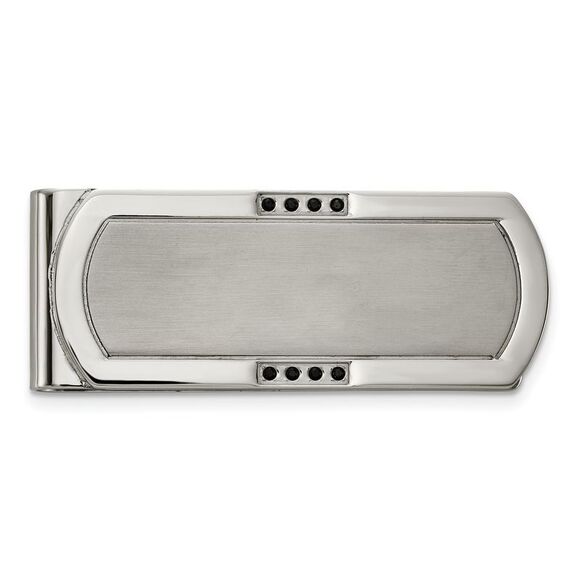 Stainless Steel & Black CZ, Brushed & Polished Fold Over Money Clip - Picture 1 of 5